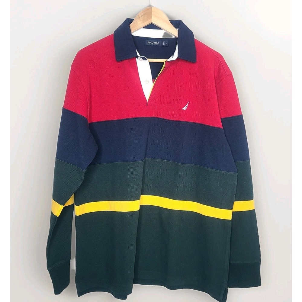 Nautica Mens Long Sleeve Polo Shirt Colorblock‎ Rugby Streetwear Heavyweight L